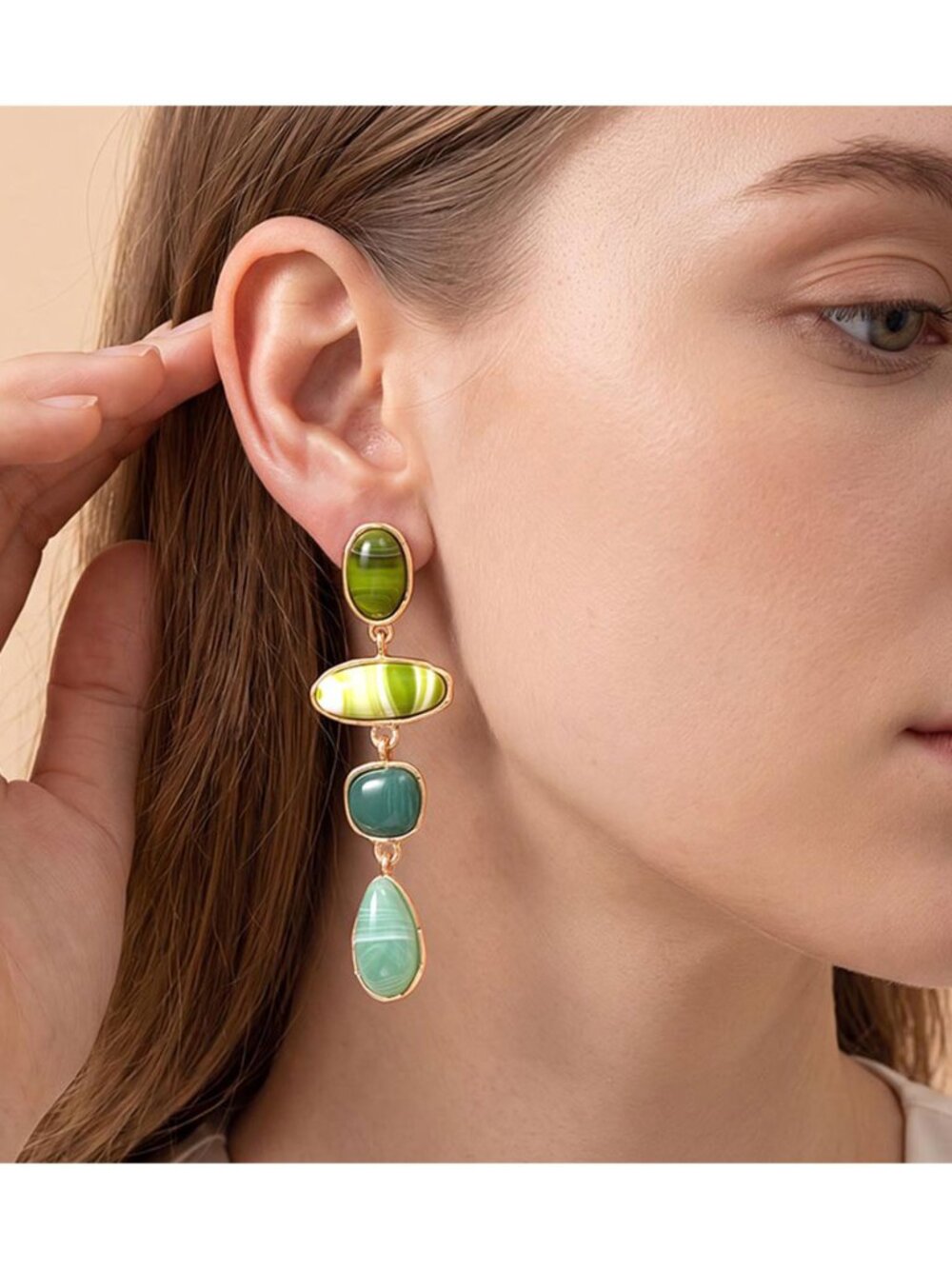 Tigerstars Abstract Green Marble Resin Pebble Link Drop Earrings